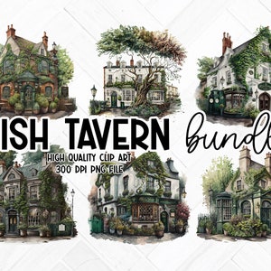 Irish Tavern Clipart, Beautiful Irish Pub Printable Images, Whimsical Watercolor St Patricks Day Clipart, Irish Sublimation PNG Graphics