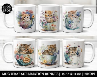 Cat Mug Sublimation Design Bundle, Floral Cup Wrap (Digital Download)