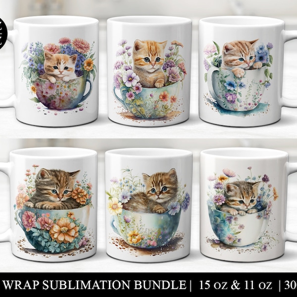 Cat Mug Bundle, Mug Png Sublimation Design Bundle, Cup Wrap Template Design, Cricut Mug Press Wrap Download File, Cute Cats Sublimation Wrap