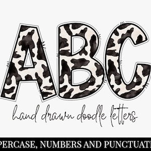 Letras digitais do alfabeto com impressão de vaca, letras desenhadas à mão, letras maiúsculas, números e pontuação, download instantâneo alfa para impressão