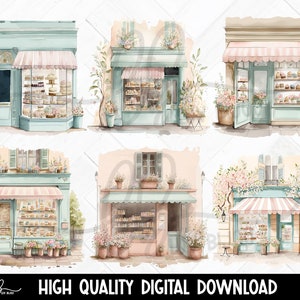 ベーカリーの水彩画のクリップアート、ピンクとミントのパティスリーのイラスト、女性らしいペストリーショップの PNG、パステルカラーのケーキショップのクリップアートをすぐにダウンロード