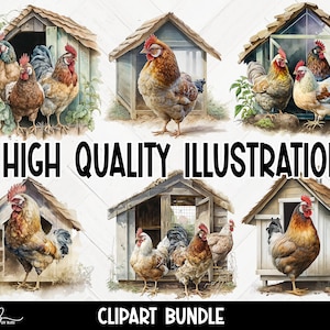 Chicken Watercolor Clipart Bundle, Rooster Clipart, Farm Animals, Sublimation Design, Hen Clipart, High Quality PNG Files