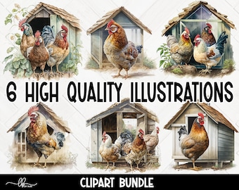 Paquete de imágenes prediseñadas de pollo en acuarela: archivos PNG de animales de granja (300 DPI)
