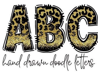 Gold Glitter Leopard Print Doodle Font: PNG Alphabet (Digital Download)