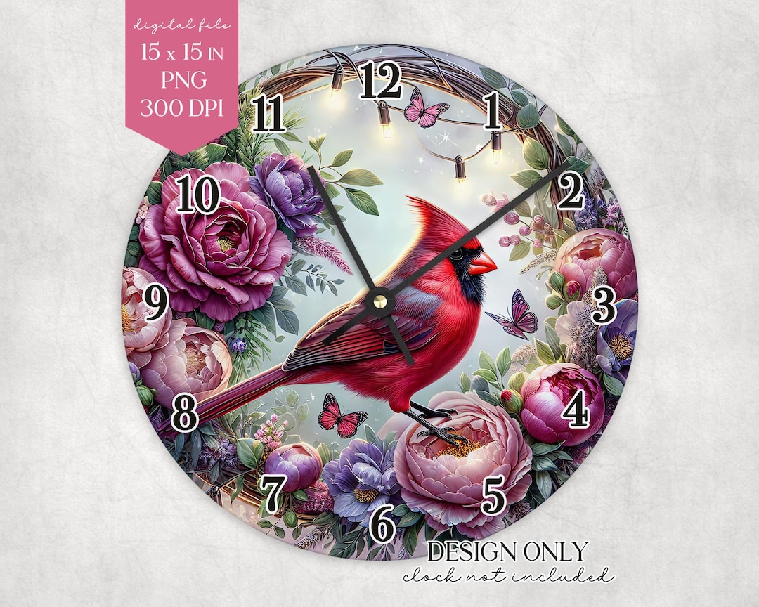 Cardinal Clock PNG: Floral Red Bird Sublimation Design (15x15in Digital ...