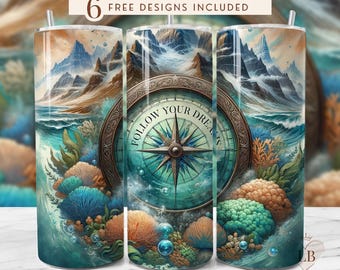 Envoltura para vaso con brújula: diseño de sublimación de mapa náutico (descarga digital PNG de 20 oz)