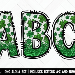 May include: A set of alphabet letters A, B, and C with a green shamrock pattern and glitter. The letters are outlined in black. The text "PNG ALPHA SET | INCLUDES LETTERS A-Z AND NUMBERS 0-9" is below the letters.