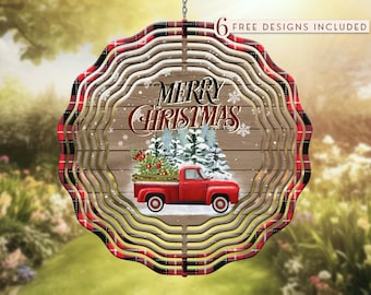 May include: A red and black plaid wind spinner with a wooden center panel featuring the text "Merry Christmas" and a red pickup truck carrying a Christmas tree.