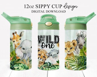 Wild ONE Safari Animals 12oz Sippy Cup Template (Digital Download)