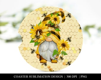 Sunflower Gnome Car Coaster, Gnome Cup Coaster Sublimation Png, Sunflower Printable Png, Car Coaster Sublimation Digital Download