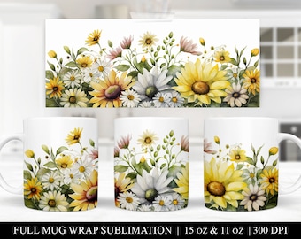 Floral Mug Sublimation Wrap: Sunflower & Daisy Design (Digital Download)