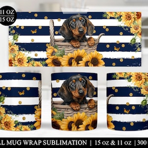 Dachshund 11 Oz Mug Press Sublimation Wrap, Sunflower Sublimation Wrap, Coffee Mug Design, Dog Sublimation Mug Full Wrap Template