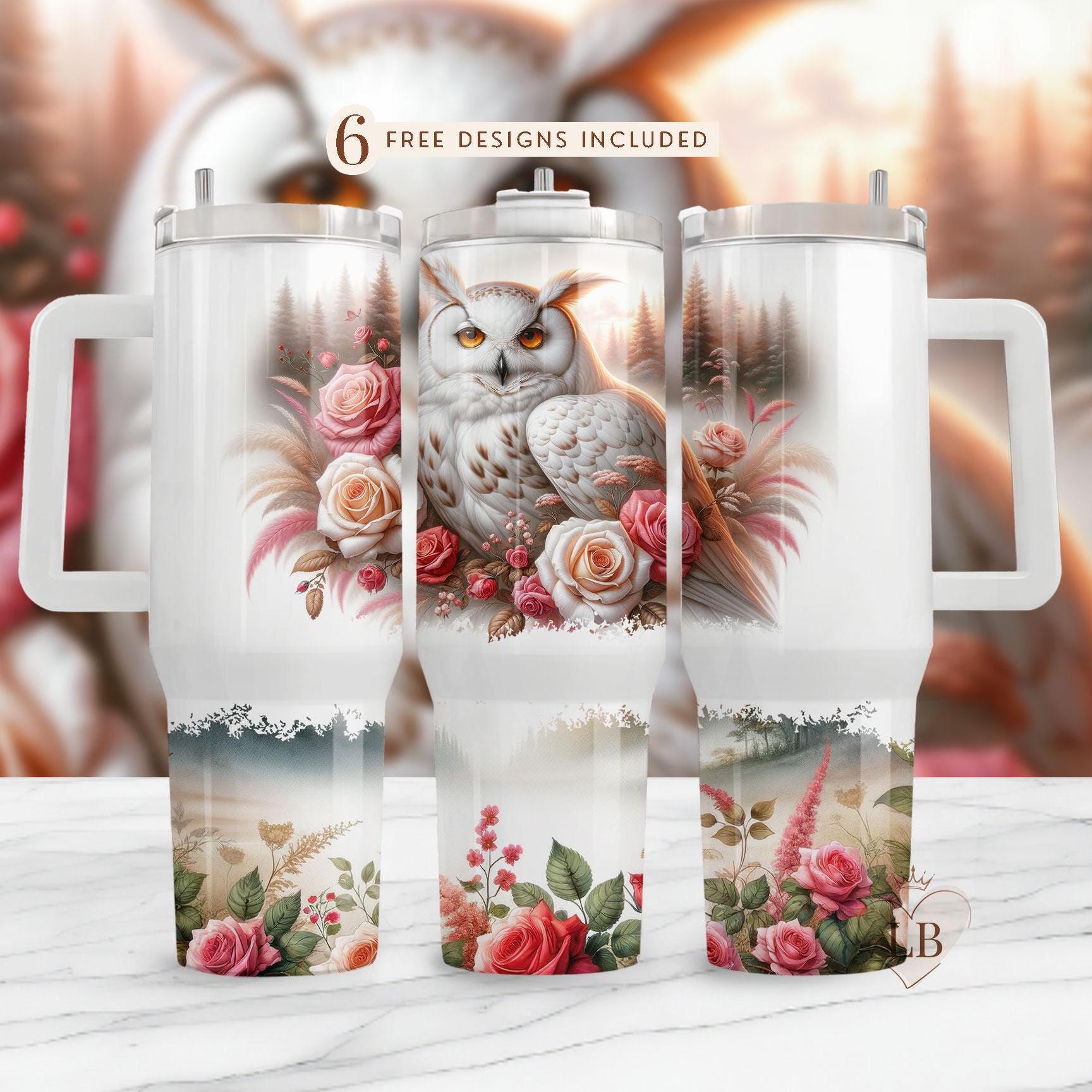 Snowy owl 40oz tumbler wrap, sublimation design, wildlife floral tumbler wrap, digital download, owl