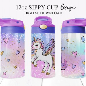 Rainbow Unicorn 12oz Sippy Cup Sublimation Design, Unicorn Sublimation Design, Girls Unicorn & Hearts Flip Top Cup Sippy Wrap Design PNG