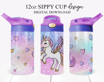 Rainbow Unicorn Sippy Cup Sublimation Design (PNG Digital Download)