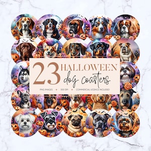 Dog Coaster Bundle, Halloween Animal Sublimation Designs, 4 Inch Round Car Coaster PNG, Dog Breed Earring or Ornament Sublimate Images