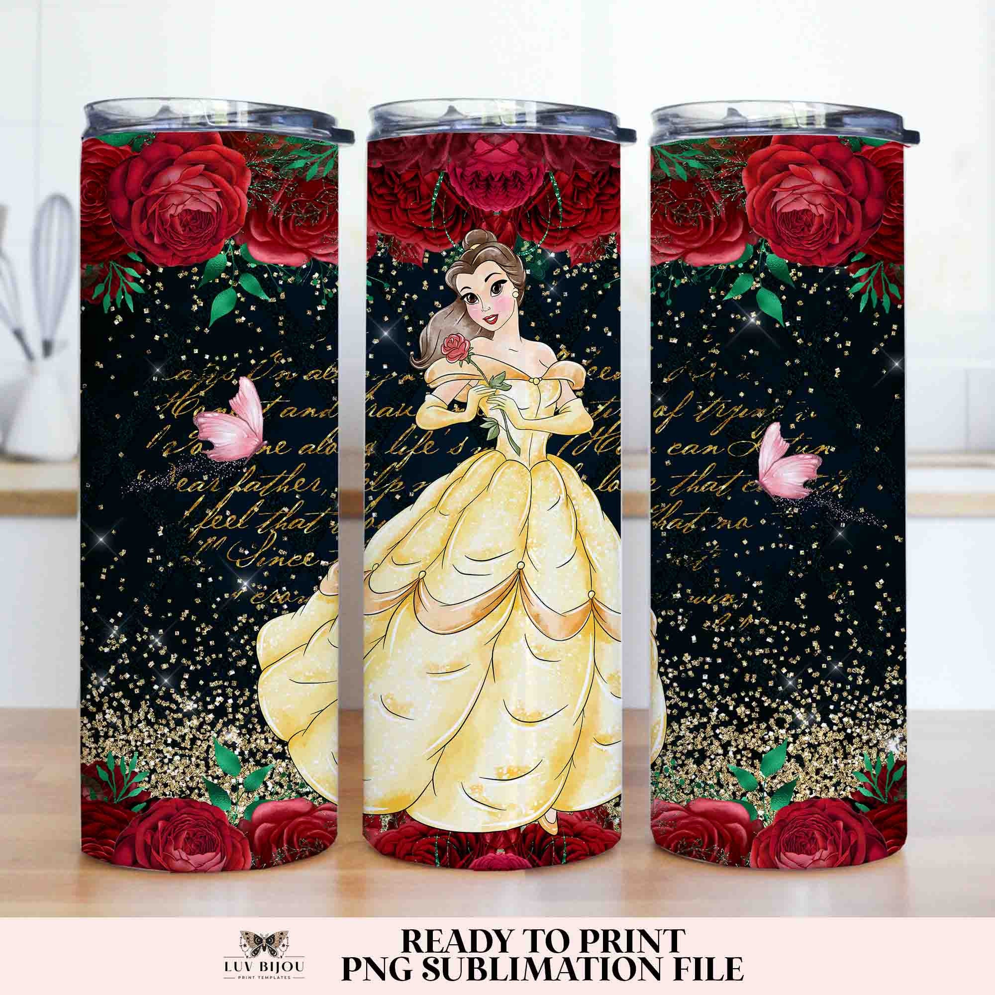 Belle Tumbler, Beauty & the Beast Tumbler Wrap, Gold Glitter