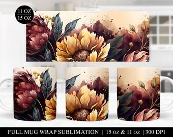 Floral Mug Sublimation Design: Fall Flowers PNG (Digital Download)