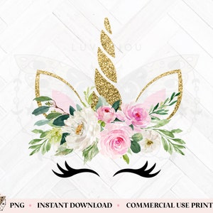 ユニコーンの顔のクリップアート、ユニコーンの頭の PNG ファイル、ユニコーンの誕生日画像、ブラッシュピンクの花を持つユニコーン、ゴールドのグリッターのユニコーン、かわいいユニコーン