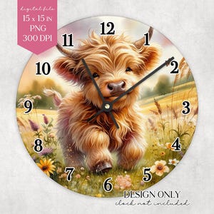 May include: Round wall clock featuring a watercolor illustration of a Highland cow calf in a field of wildflowers. The clock face has black hands and numerals. The clock is 15 x 15 inches.