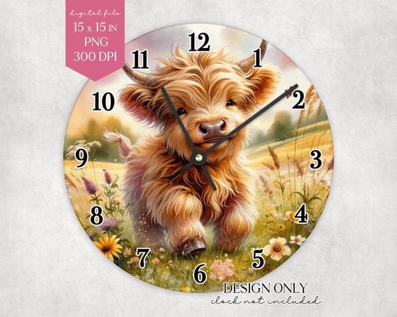 Highland Cow Clock Face PNG: Floral Farm Animal Design (15x15in Digital Sublimation File)