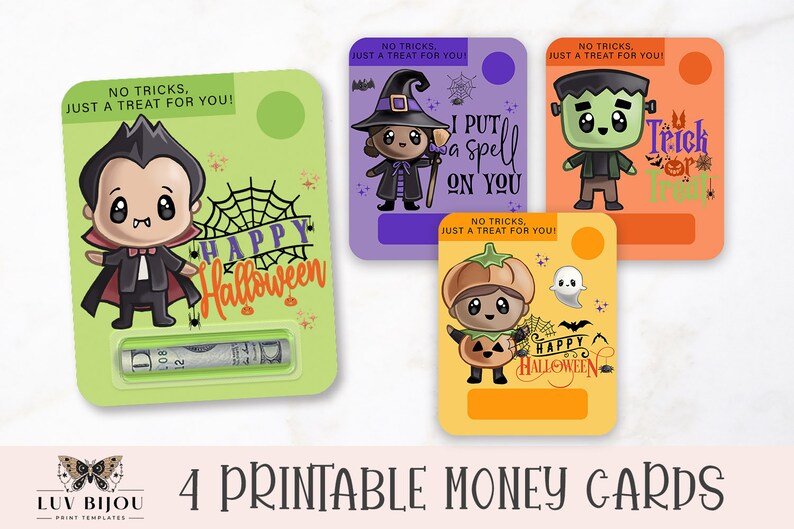 Puede incluir: Cuatro tarjetas de dinero imprimibles de Halloween con personajes de dibujos animados lindos. Cada tarjeta tiene un personaje diferente y un espacio para un billete de d&oacute;lar. El texto en las tarjetas dice "&iexcl;No hay trucos, solo un regalo para ti!" y "&iexcl;Feliz Halloween!".