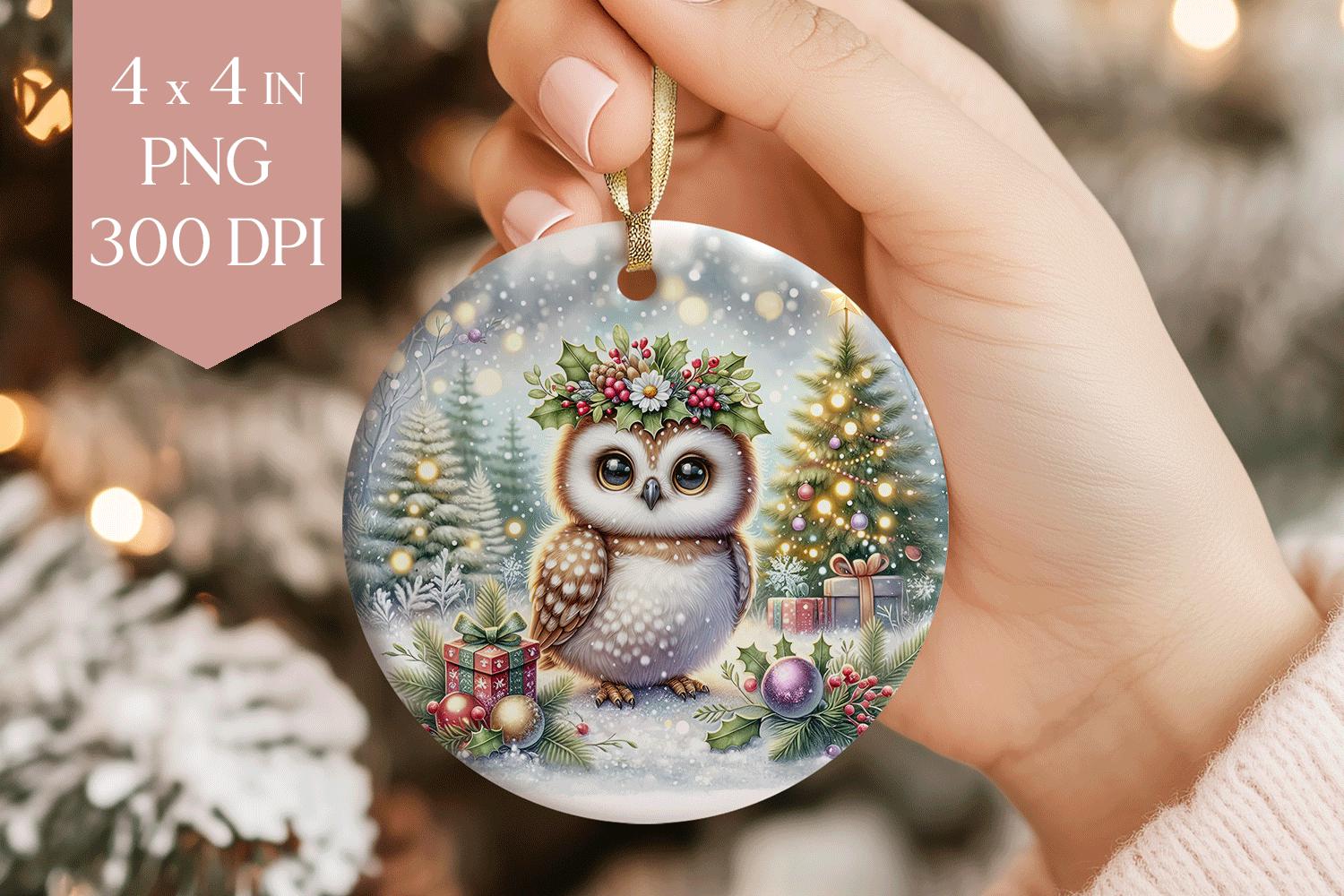 Cute Owl Christmas Ornament Sublimation PNG, Holly Wreath Bird Digital File, Woodland Bird Holiday K
