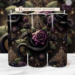 May include: A set of three stainless steel tumblers with a black snake, purple roses, and gold ornate designs. The tumblers are perfect for everyday use or special occasions.