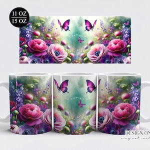 Pink Butterfly Mug Sublimation Design, Floral Coffee Cup Wrap, Digital Download PNG, 11oz & 15oz Mug Template