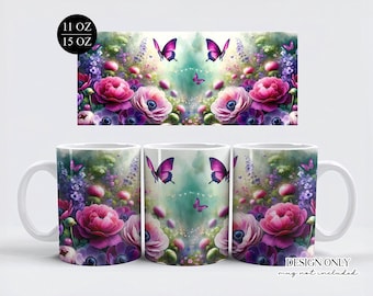 Pink Butterfly Floral Mug Sublimation Design (Digital Download)