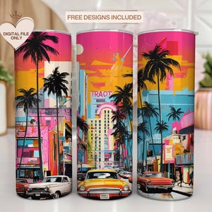 Pop Art 20 oz Skinny Tumbler Sublimation Design, Miami Digital Download PNG, Florida Instant Digital Download, State Tumbler, Retro Tumbler