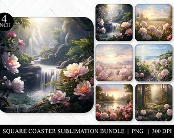 Peony Landscape Coaster Bundle: Watercolor Sublimation Designs (PNG)