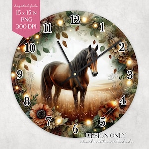 Op de afbeelding: Ronde wandklok met een bruin paard in een veld, omringd door bloemen en bladeren. De klok heeft zwarte cijfers en wijzers. Het ontwerp bevat de tekst "DESIGN ONLY clock not included". De klok is 38 x 38 cm.