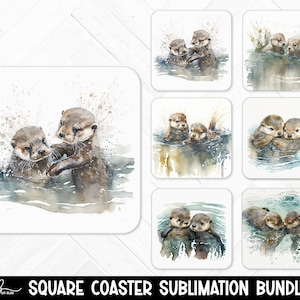 May include: A sublimation bundle of six 4-inch square coasters featuring watercolour illustrations of otters in various poses. The otters are depicted in a playful and affectionate manner, with some cuddling and others swimming. The illustrations are set against a background of water and foliage.