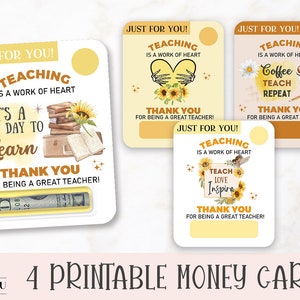 Printable Teacher Money Card Bundle, Print Then Cut Teacher Gift Card Holder, Teaching Is A Work Of Heart, Cute Teacher Cash Cards