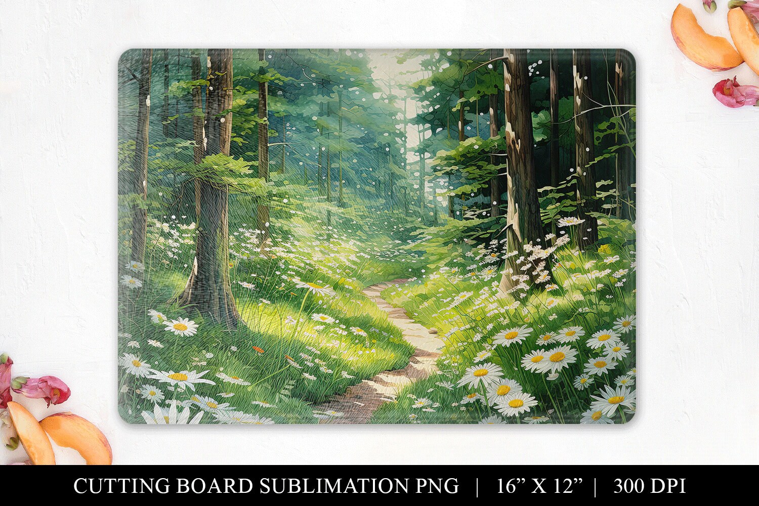 Forest with Daisies Cutting Board Sublimation, Watercolor Cutting Board Digital Download, Daisy Chopping Board PNG