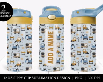 Puede incluir: Dos versiones de un diseño de sublimación para taza de 12 onzas con un patrón de vehículos de construcción azules y amarillos. El diseño incluye el texto "ADD A NAME".