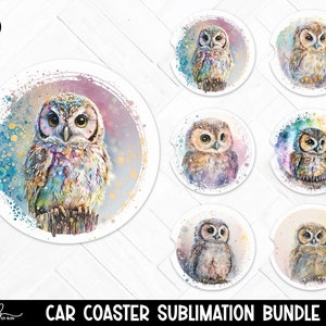 Owl Car Coaster PNG Bundle, Pastel Rainbow Coasters, Watercolor Splash Car Coaster Templates, Cute Car Cup Coaster Printable Images