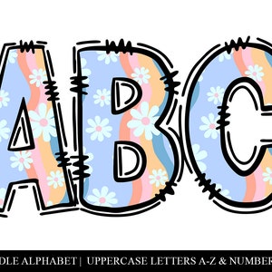 Fonte Retro Daisy Alphabet - Letras PNG onduladas fofas - Desenhado à mão Pastel Floral Doodle Alpha - Download digital estético dos anos 70