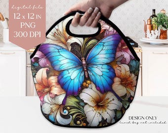 Blue Butterfly Floral Lunch Tote Bag Sublimation Design (PNG Digital File)