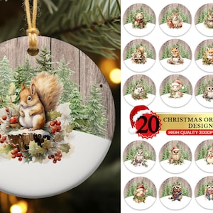 May include: 20 Christmas ornament designs featuring a variety of woodland creatures, including a squirrel, owl, hedgehog, raccoon, and a bear. The ornaments are set against a woodgrain background with a snowy scene.