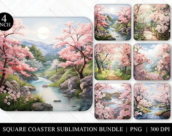 Watercolor Cherry Blossom Coaster Bundle: Sakura Sublimation Designs (PNG)