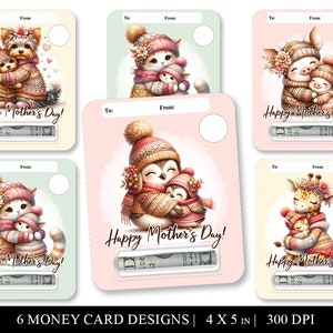 Muttertag Geld Kartenhalter Kartendesign, süsse Tier Illustrationen, digitaler Download, Geschenk für Mama, 6 einzigartige Designs, 4x5 Zoll