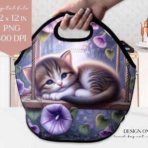 Balanço Floral de Gatinho Sonolento PNG: Design de Bolsa para Almoço (Arquivo Digital)