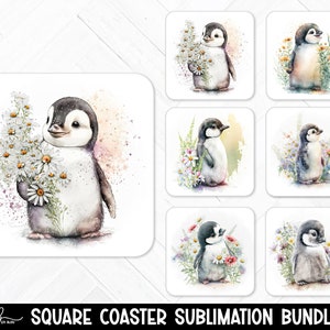 Baby Penguin Coaster Bundle, Cute Watercolor Animal Sublimation Designs, 6 Printable Square Coaster Designs, Keychain PNG, Earring Clipart