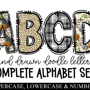 Letras de Doodle de Outono, Pacote Alfa de Doodle Desenhado à Mão em Xadrez de Búfalo, Fonte de Sublimação de Abóbora de Outono, Alfabeto de Números de Leopardo, PNG