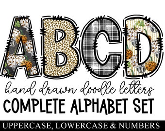 Fall Doodle Letters, Buffalo Plaid Hand Drawn Doodle Alpha Bundle, Autumn Pumpkin Sublimation Font, Leopard Numbers Alphabet PNG