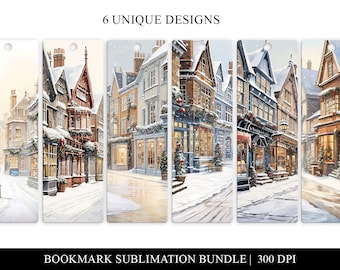 May include: Six unique designs for printable bookmarks featuring a snowy, wintery street scene with charming shops and buildings. The designs are perfect for adding a festive touch to your holiday decor.