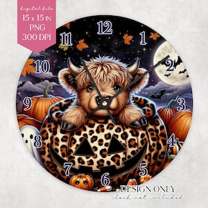Halloween-klocka med höglandskon, PNG: Sublimeringsdesign med leopardpumpa (digital fil 15 x 15 tum)