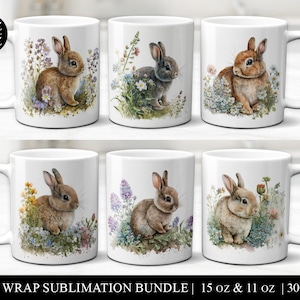 Easter Mug Sublimation Bundle, Bunny Rabbit Coffee Cup Wraps, Spring Flowers Commercial Use 11oz Print Ready Digital Download Design File